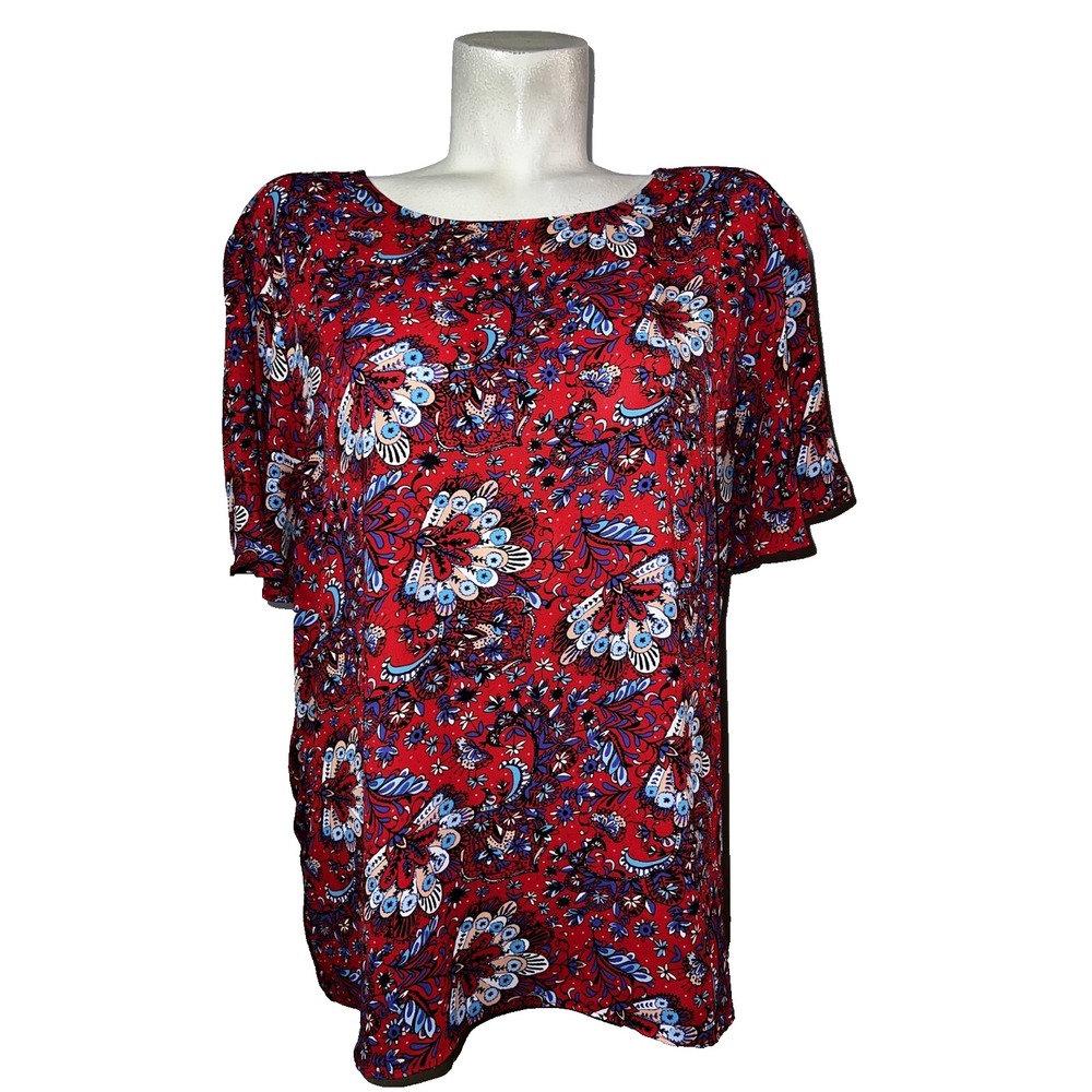 LOFT‎ Womens XL Red Paisley Floral Flutter Sleeve Back Tie Knit Blouse Top